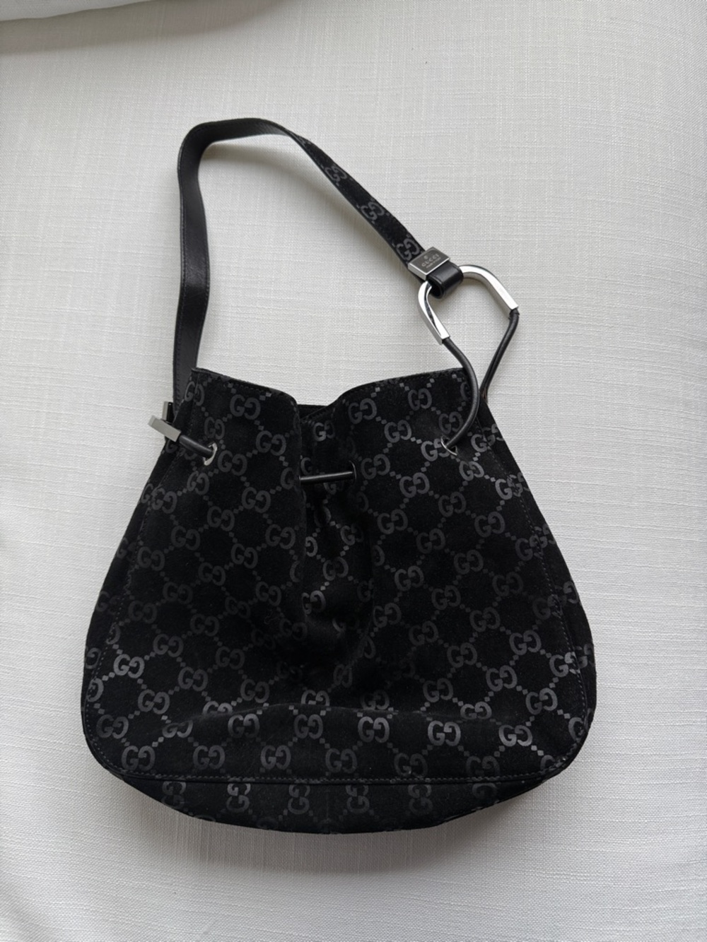 Gucci Vintage Black Designer Monogram Drawstring Shoulder Bag